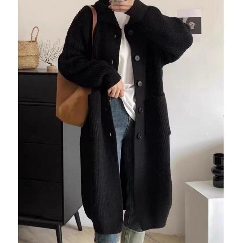 Korean High Neck Women's Knit Cardigan Sweater - Single Breasted, Solid Color, Long Sleeve, Autumn Winter Long Coat