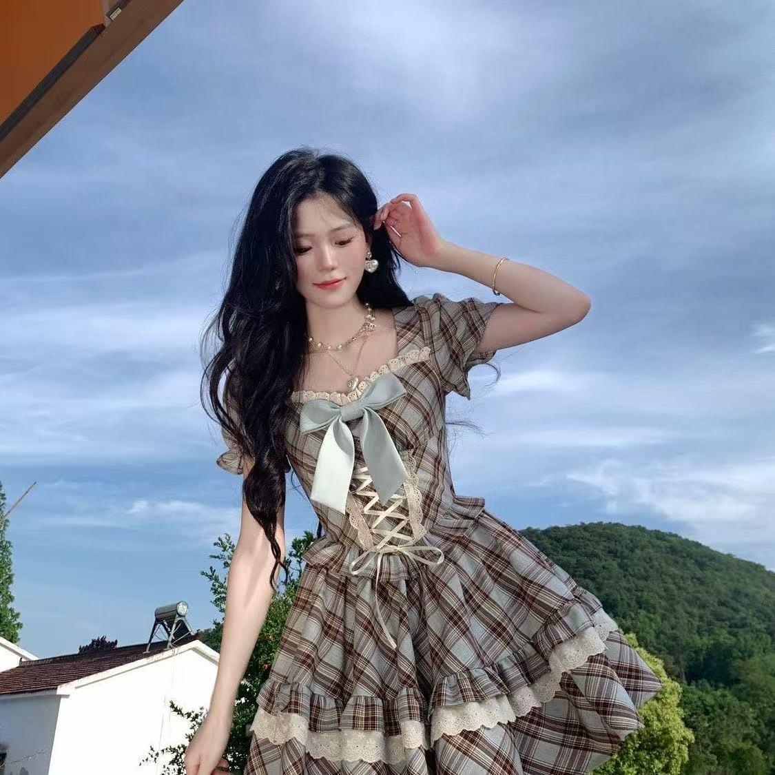 

Женское платье большого размера в стиле французского ретро с клетчатым принтом, квадратным вырезом, рукавами-фонариками и бантом 2XL