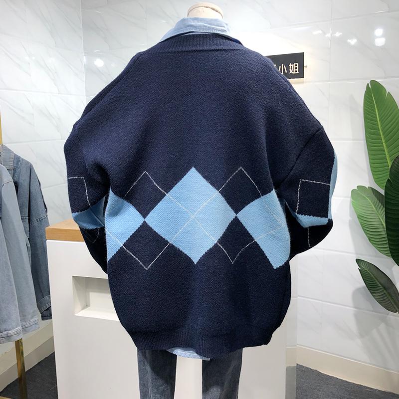 Modische marineblaue Strickjacke mit rautenförmigem Karomuster, lockerer V-Ausschnitt, mittellang, College-Stil, Sweaterjacke 6356#