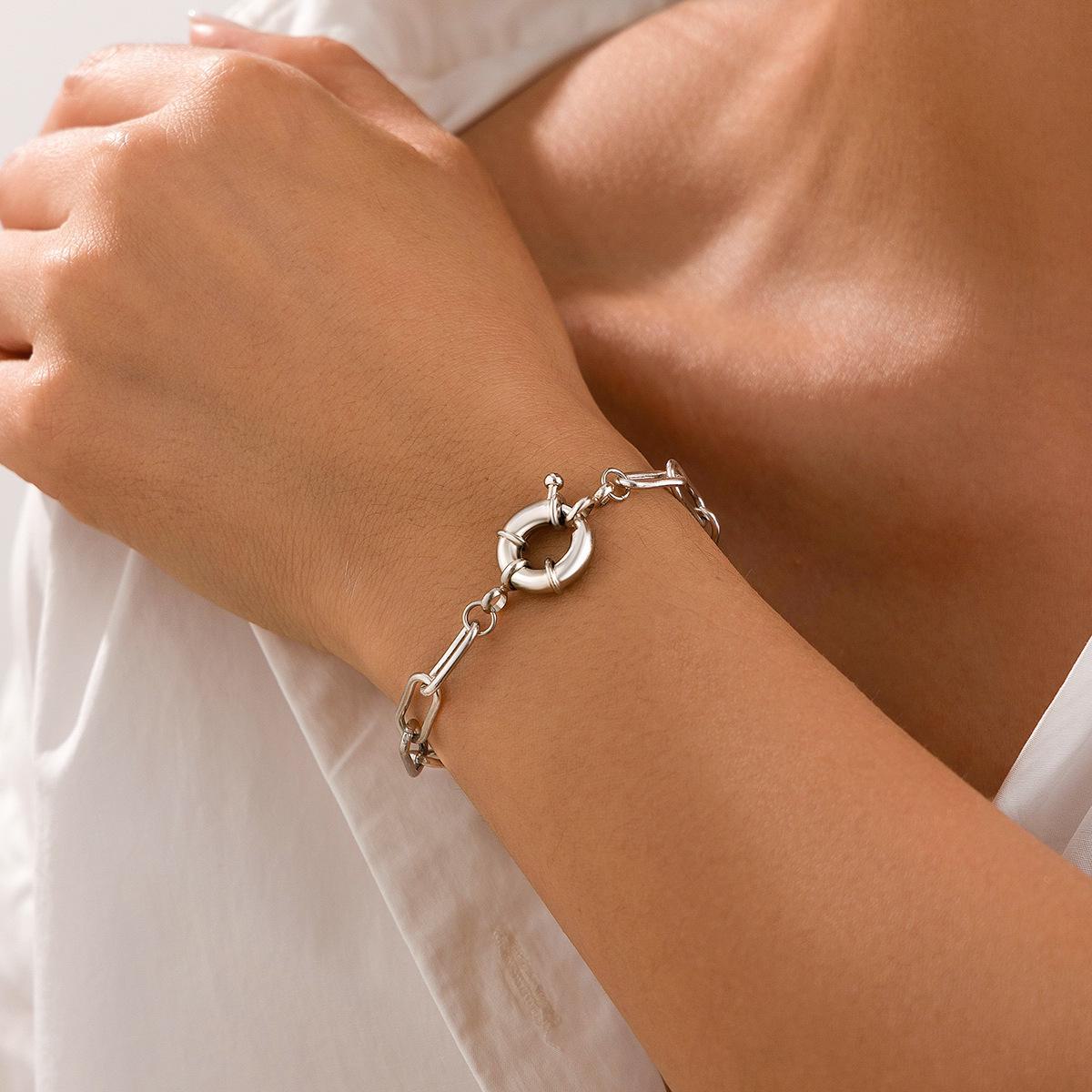 

Геометрический металлический медный браслет с кольцом и панк-сплавный алюминиевый браслет-цепочка