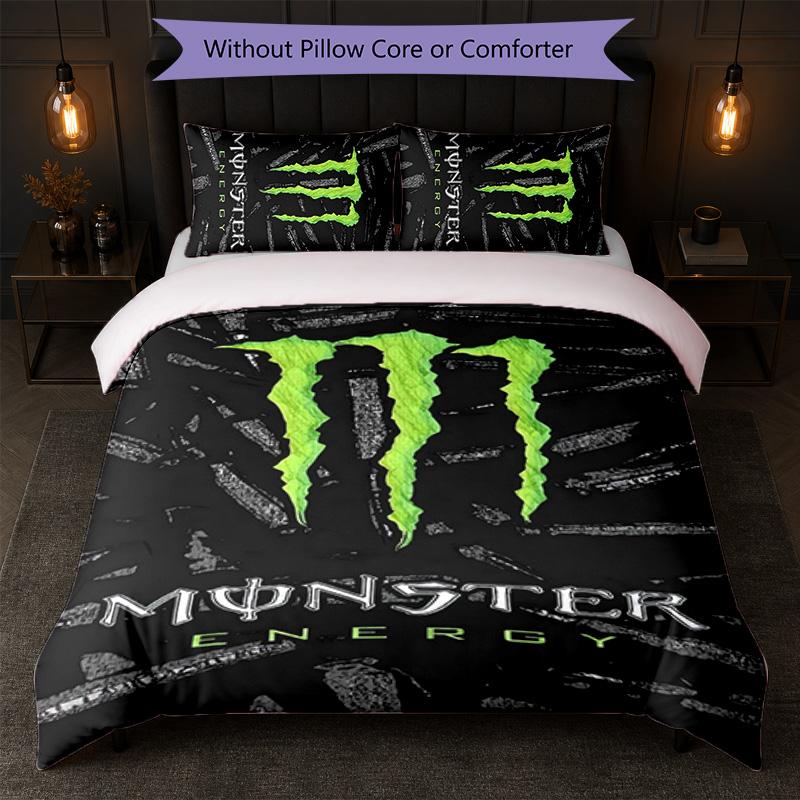 Set Copripiumino Monster Energy Stampa 3 Pezzi 1 Copripiumino e 2 Federe Biancheria da Letto Morbida per Camera da Letto Domestica
