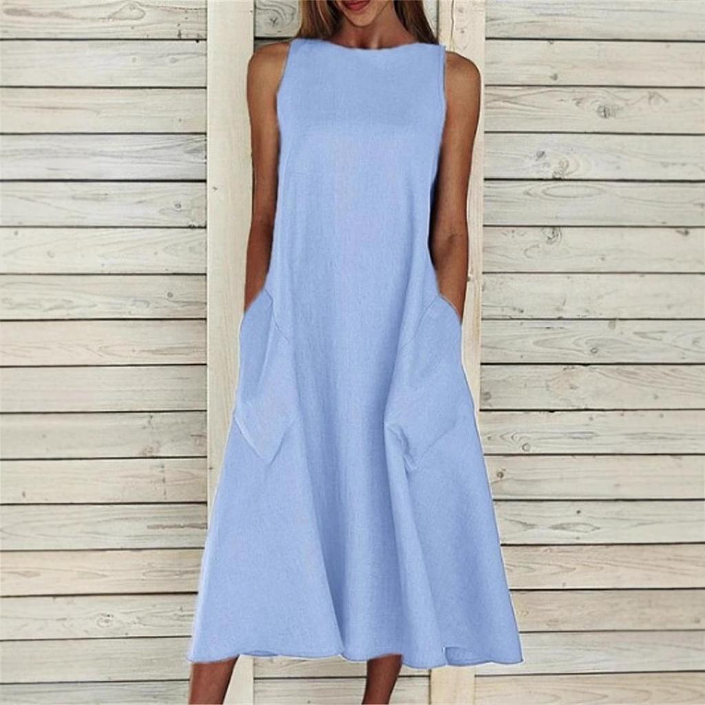 Women's Spring Summer Cotton Linen Maxi Dress, Greek Style Sleeveless A-Line Loose Plus Size Casual Dress with Pockets