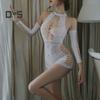 Ensemble de couverture de manches de chemise de nuit sexy évider dentelle élastique transparente maigre couleur unie douce ultra courte épaule dos nu séduisant pornographique