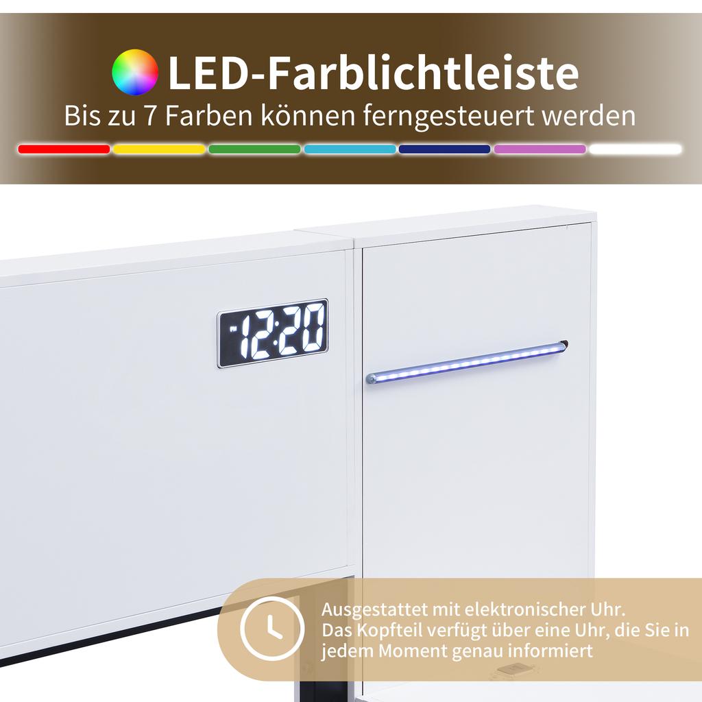 Cama de Casal 160*200cm, Cama de Madeira, Porta USB, Relógio, Alto-falante Bluetooth, Tira de Luz Colorida, 2 Mesas de Cabeceira (sem gavetas), Colchão Não Incluído, Branco