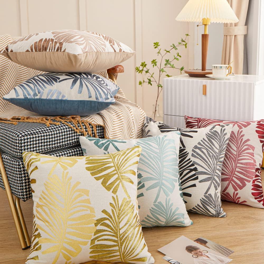 YunJeude Cushion Set of Nordic Cotton and Stylish and Cute Leaf Jacquard Zipper Simple and Modern Interior Design Covers, 45x45cm, 2, Style, Linen,