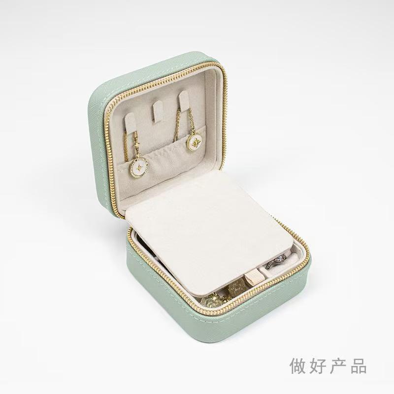 Leather Modern Jewelry Storage Box With Mirror Portable Travel Necklace Earring Ring Small Square Zipper Bag