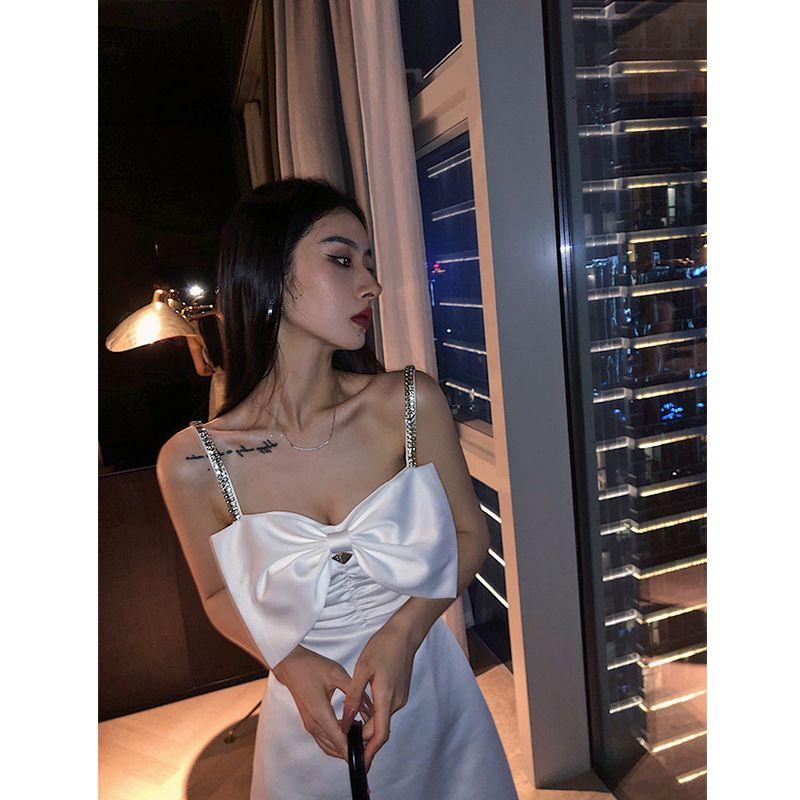 European and American Sexy off-the-Shoulder Strap Back White Dress Light Luxury Minority Classy Grade Socialite Graceful Bow Dress