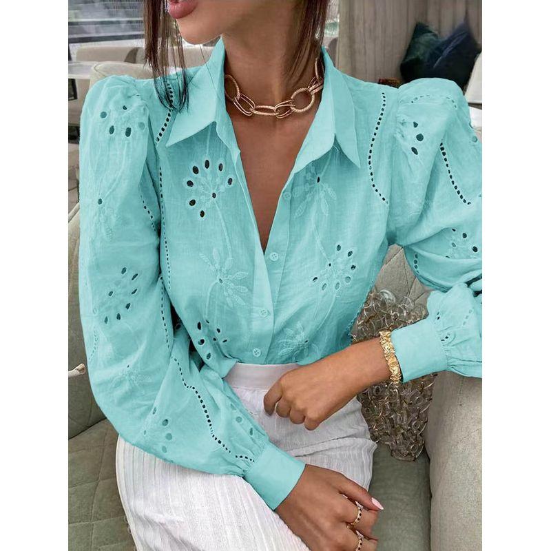 

Fashion Wind New Arrival Fashion Hollowed-out Puff Sleeves Cardigan Top Loose Hollowed out Shirt Top Light Blue XL