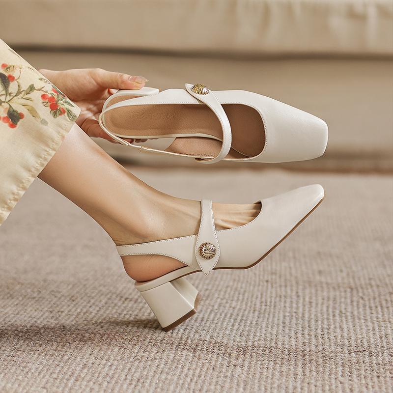 Mary Jane Sandals Women's Head One Button Thick Heel Back Air Versatile Commuting Style Shallow Mouth Single Shoes