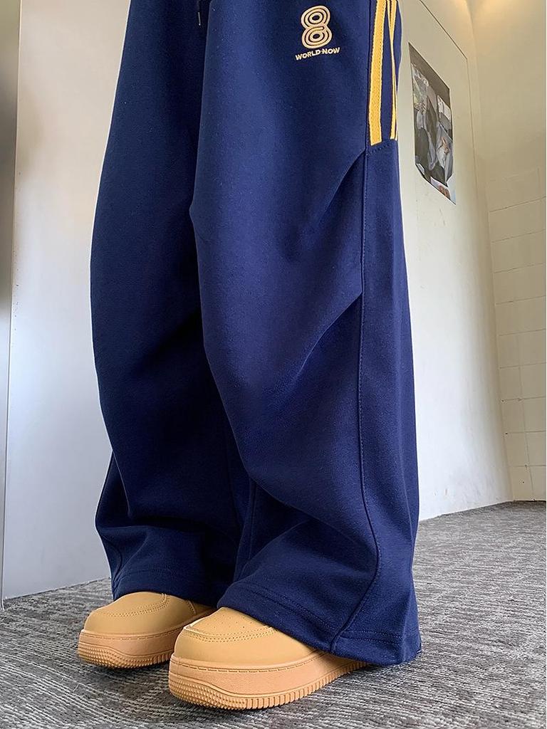 Women's Navy Three-Stripe Wide-Leg Track Pants - Spring/Autumn Casual Loose Fit