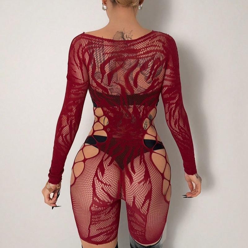 Explosive Style, Foreign Trade Fun Underwear, Sexy One-Piece Net Clothes, Explosive Burgundy Hollow Perspective Passion Clothes