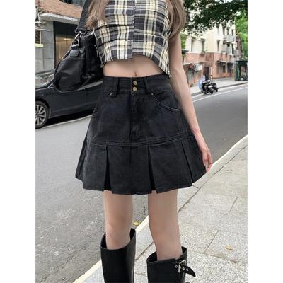 Black A Word Pleated Skirt Denim Short Clothing Women Summer 2024 Plus Size High Waist Slimming Gyaru Sheath Half-Length Skirts