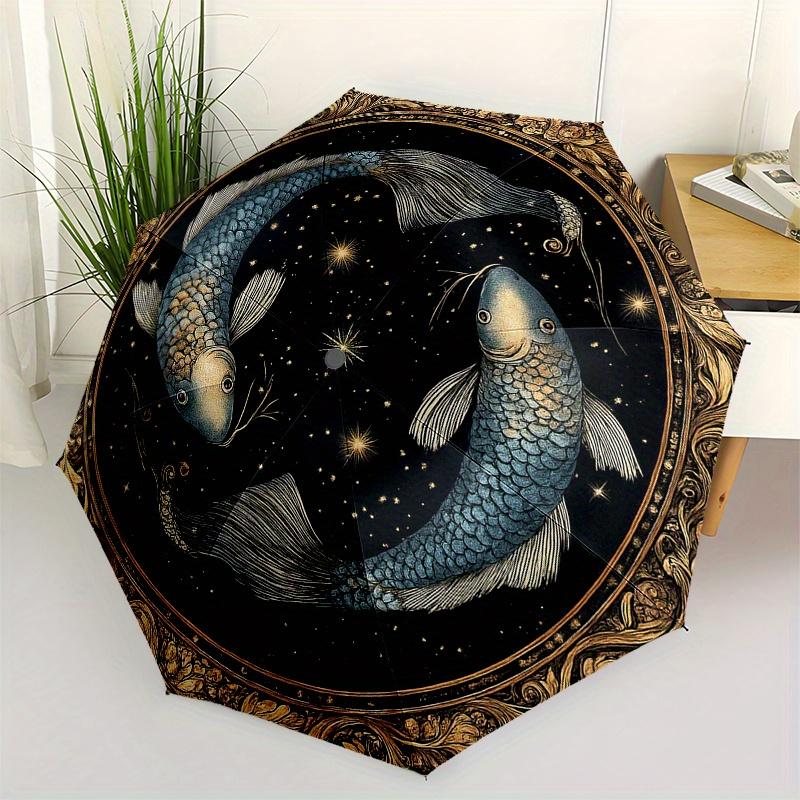 

Golden Pisces Zodiac Sign Decorative PlateUmbrella, Portable 3-Fold Compact Umbrella for Men & Women Gift