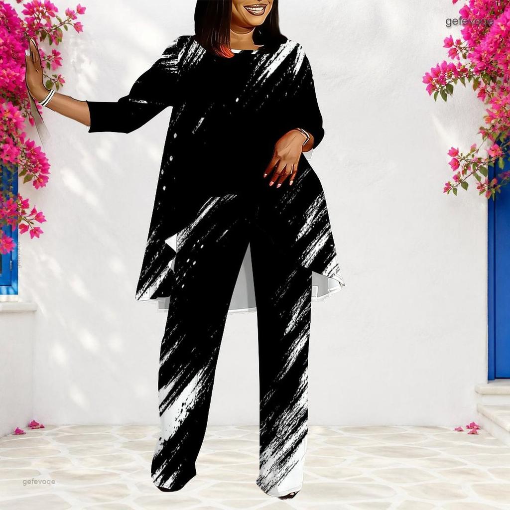 Women Plus Size Round Neck Long Sleeve Black White Printed Layered Top And Long Pants Two Piece Set