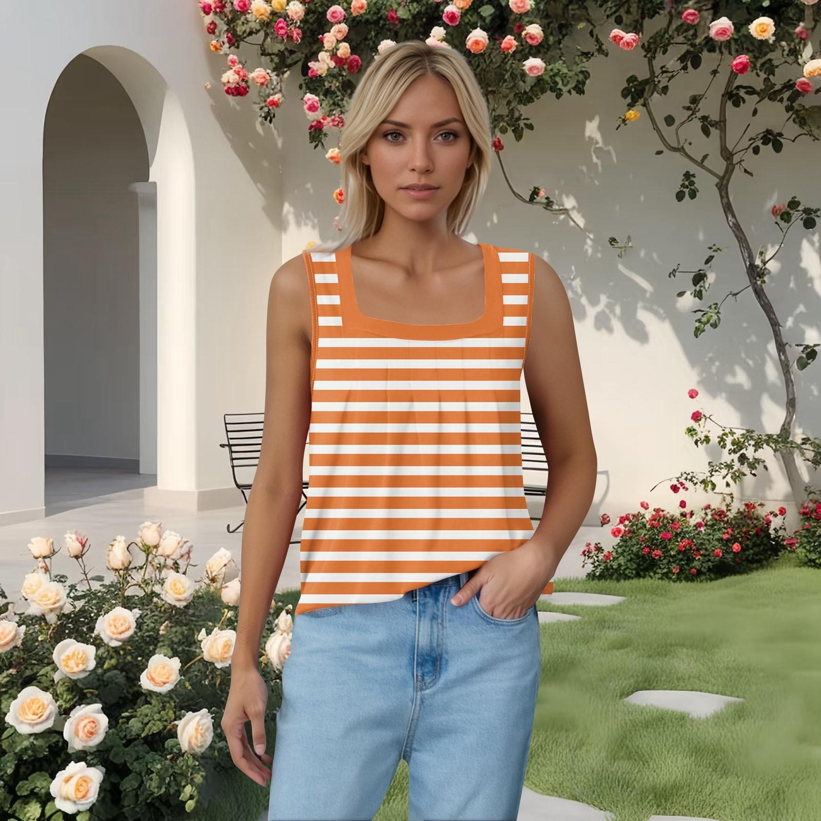 

Женская плиссированная футболка без рукавов с квадратным воротником и принтом XXXL оранжевый