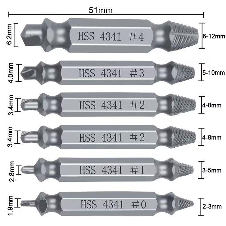 #0#1#2#2#3#4 Six Sets of Double-headed Screw Slide Removal Tools High Speed Steel Extractor