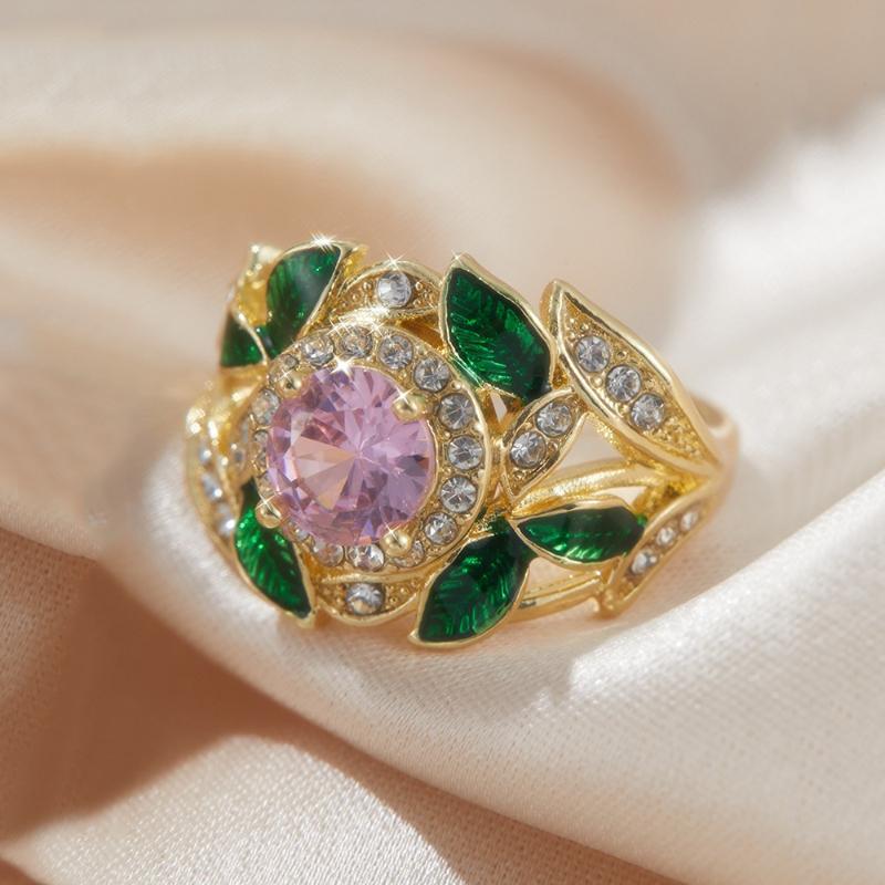 Luxurious Sparkling Round Set with Zircon Leaf Rings, Bridal Engagement Jewelry, Banquet Party Accessories Gifts