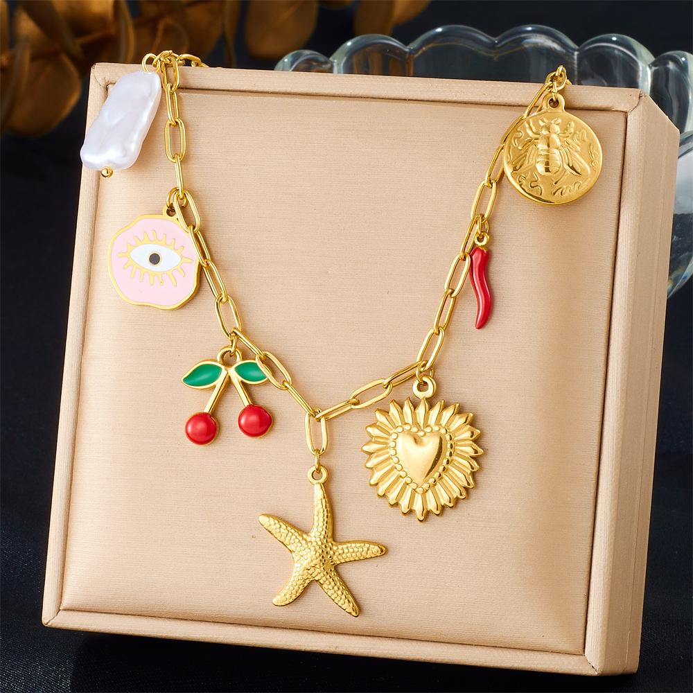 DIEYURO 316L Stainless Steel Golden Personality Sun Serie Multi Pendant Necklace Women New Fashion Neck Chain Vacation Jewelry