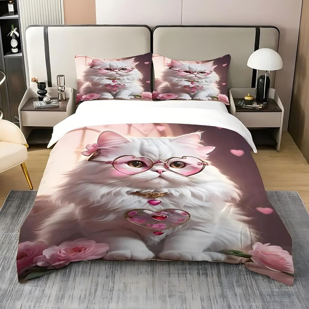 Cute Flower Cat Pattern 3D Printed Bedding Set Cute Pet Theme Fashion Art Style Duvet Cover Soft Comfortable Luxury Quilt Cover