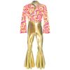 Mens Flashy Disco Jumpsuit Flared Sleeves Turn Down Collar Stylish Printed Bodice Metallic Bell Bottom Bodysuit