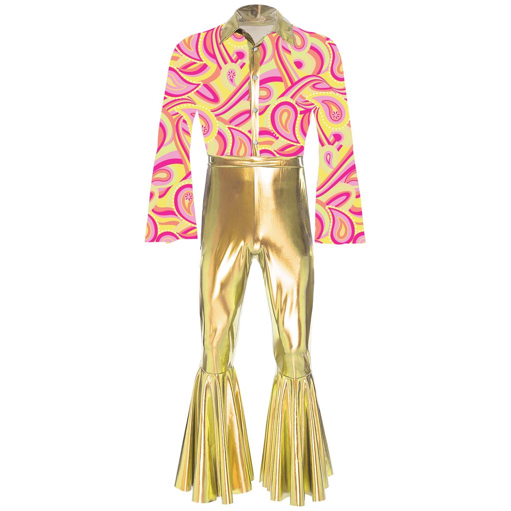 Mens Flashy Disco Jumpsuit Flared Sleeves Turn Down Collar Stylish Printed Bodice Metallic Bell Bottom Bodysuit