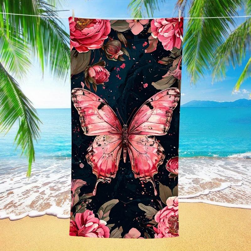Pink Butterfly Peony Floral Beach Towel Premium Quick Dry Absorbent Towel Girls Summer Beach Pool Spa
