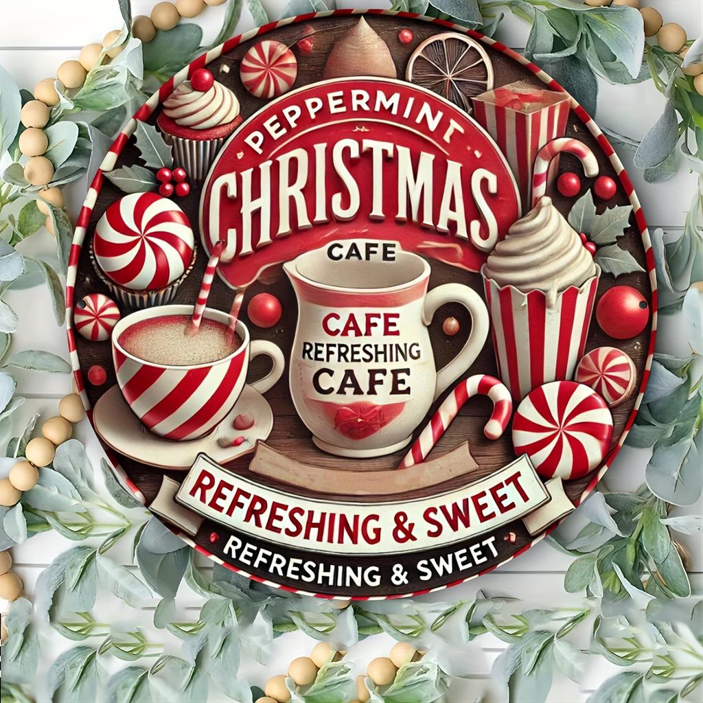 Christmas Cafe Mint Aluminum Brand - 1 piece, 8x8 inch round metal wall art, suitable for holiday decoration, suitable for home