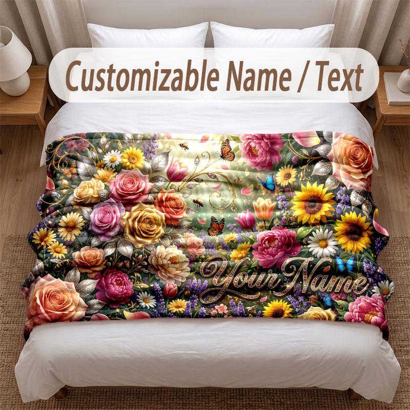 Floral Garden Theme Soft Blanket Personalized Custom Name Text Print Warm Blanket Home Sofa Bedroom Decor