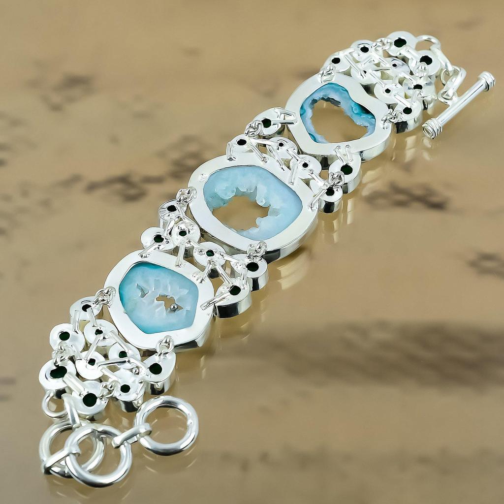 925 Silber Natürliches Grünes Fenster Botswana Achat Druzy Kette Verstellbares Armband