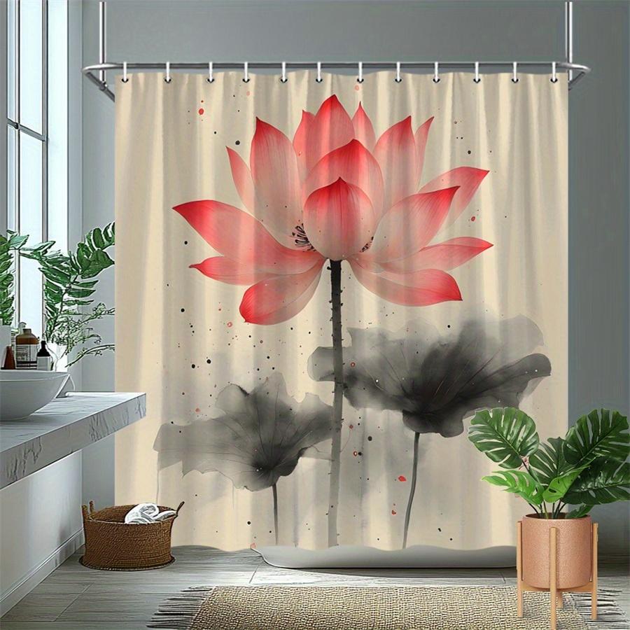 1Pc Lotus Pattern Shower Curtain, Machine Washable Polyester, With Hooks, Suitable For Bathroom Decoration.