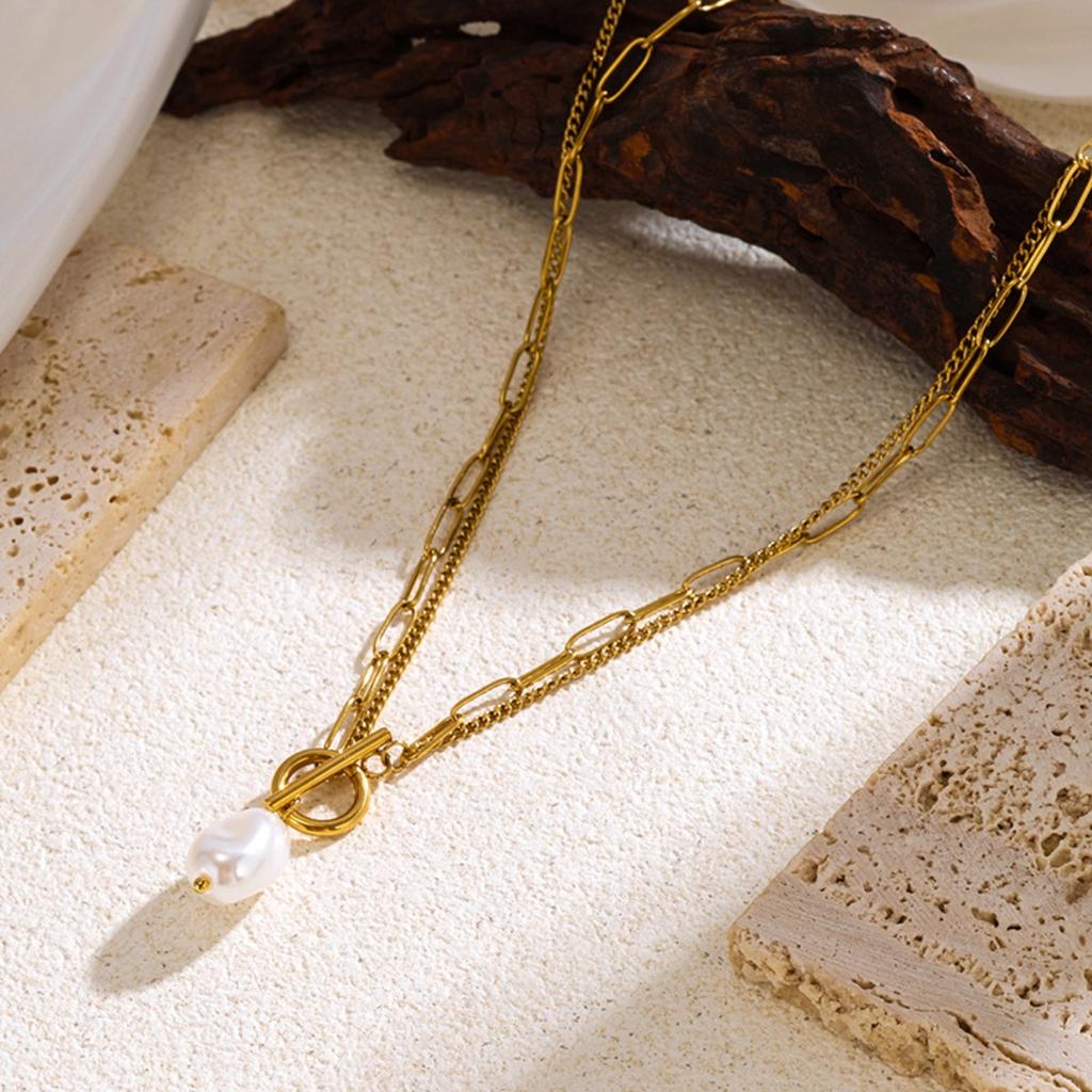 Pearl Pendant Necklaces, Stainless Steel Gold Color Layered Necklace Women, Minimalism Style Jewelry Accessories Collar Chain