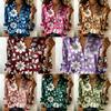 Dames Satin Lange Mouw Shirt All Over Grote Bloemprint Blouse Kraag Enkele Rij Knopen Losse Kantoor Tops