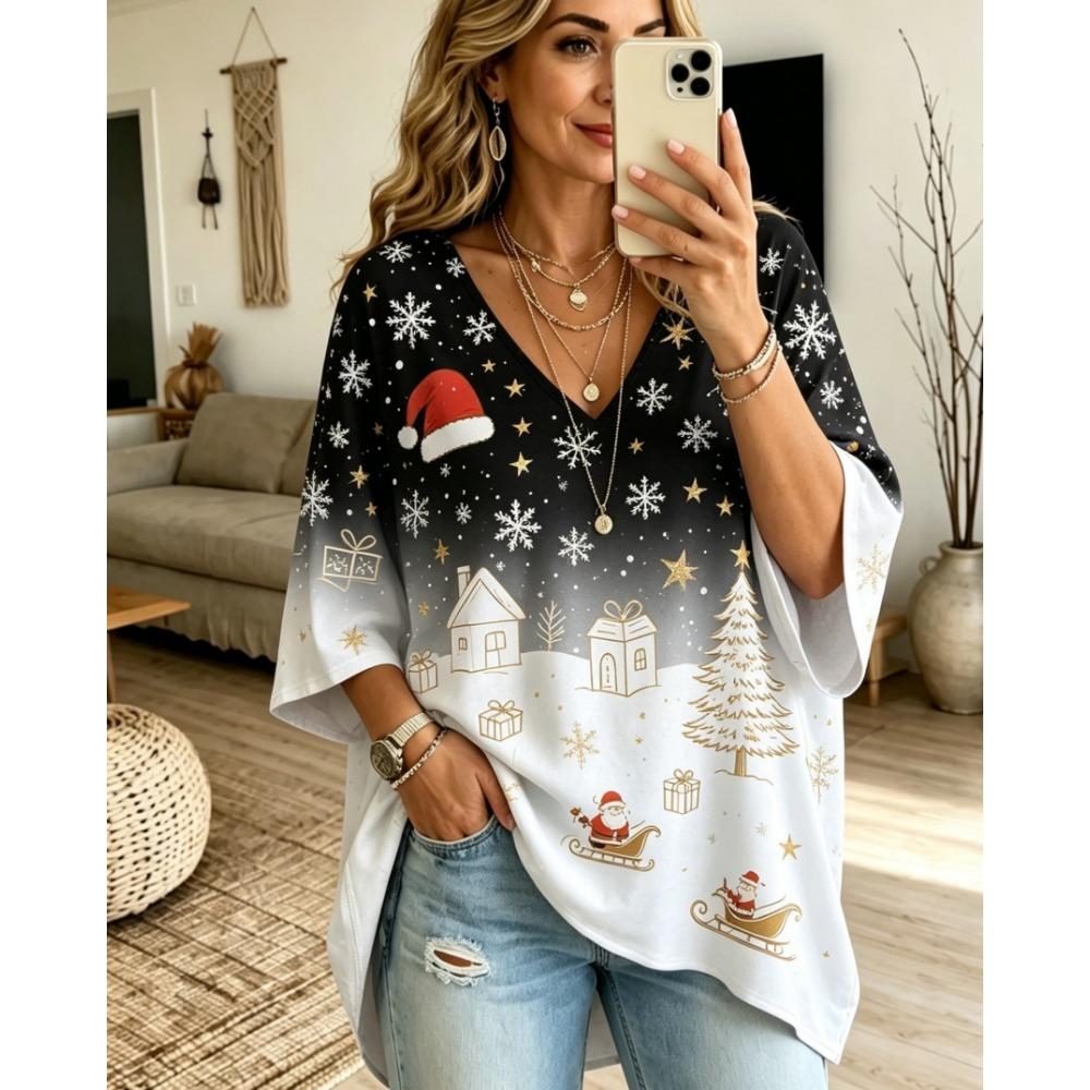 Halloween Printed T-shirt, Pumpkin Lantern Ghost T-shirt, Plus Size Women's V-neck Bat Sleeve Seven Quarter Sleeve Casual Top