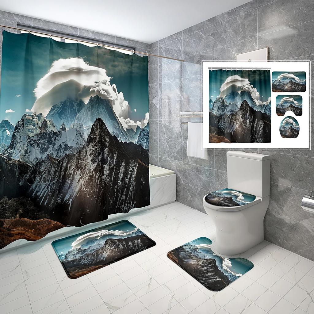 Snow Mountain Shower Curtain Set Waterproof Winter Natural Scenery Shower Curtain With Hook Non-Slip Bath Mat Toilet Lid Cover