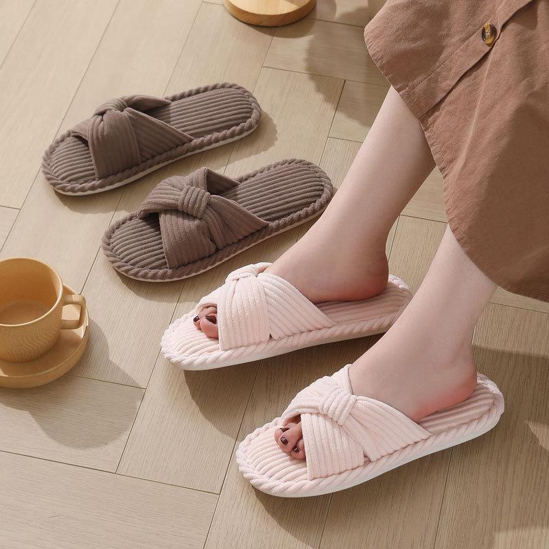 Corduroy Cross Strap Home Slippers for Women Open Toe Non Slip Cotton Indoor Shoes Mens and Womans Lightweight Comfort Bedroom Slippers