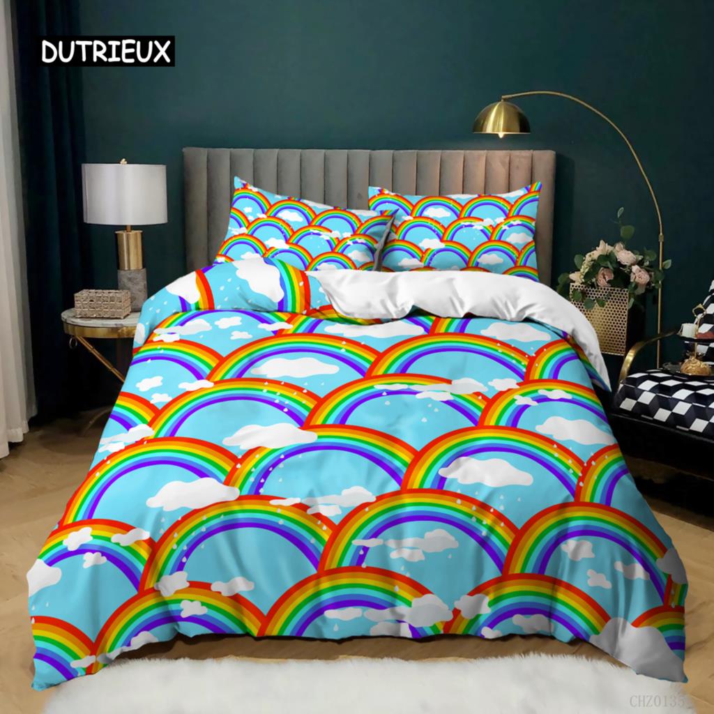 Rainbow Duvet Cover Set Queen King Size Sparkling Starry Sky Rainbow Bedding Set For Kids Teens Girls Microfiber Quilt Cover