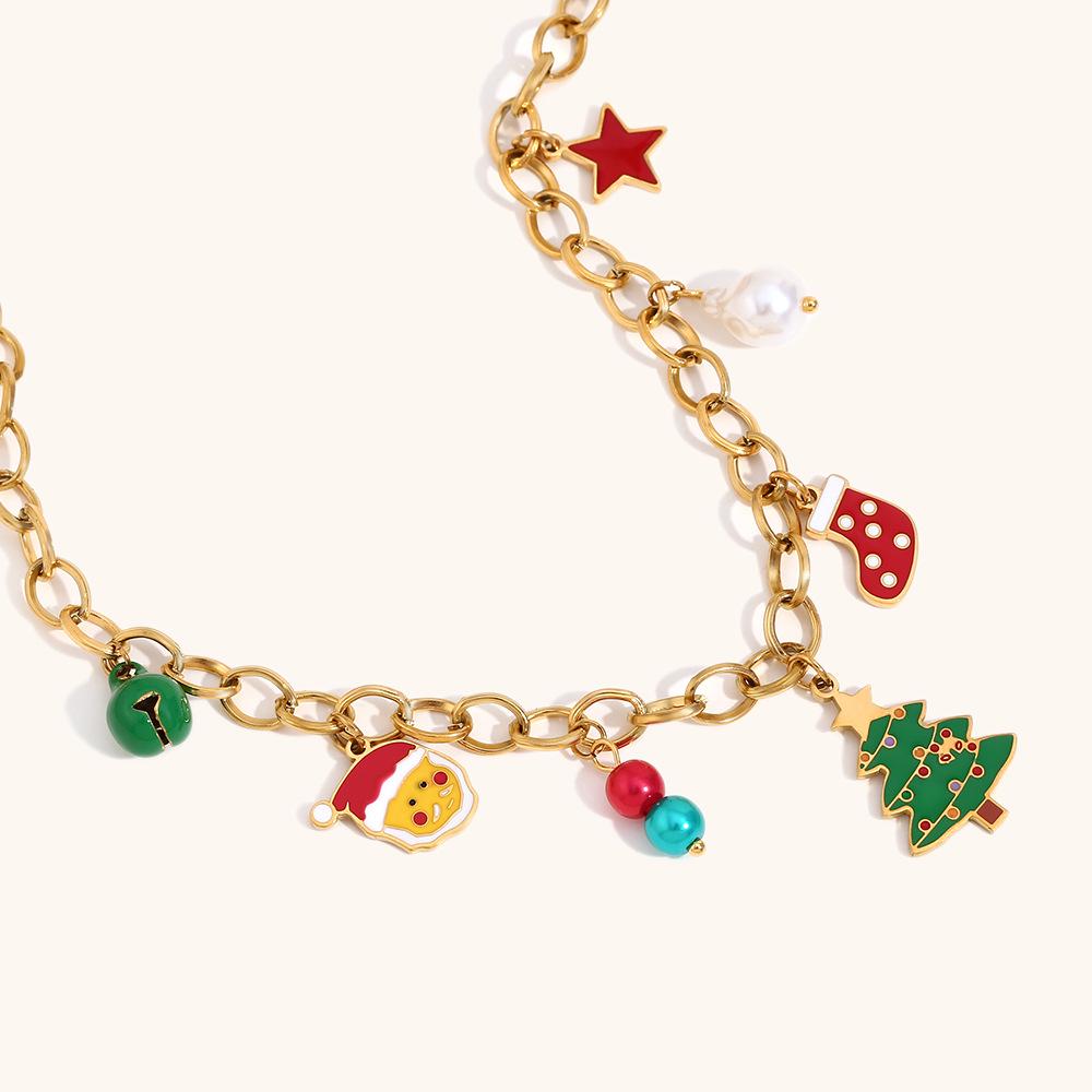 Pingente de Árvore de Natal Banhado a Ouro 18K com Epóxi Colorido e Sino de Papai Noel para Mulheres