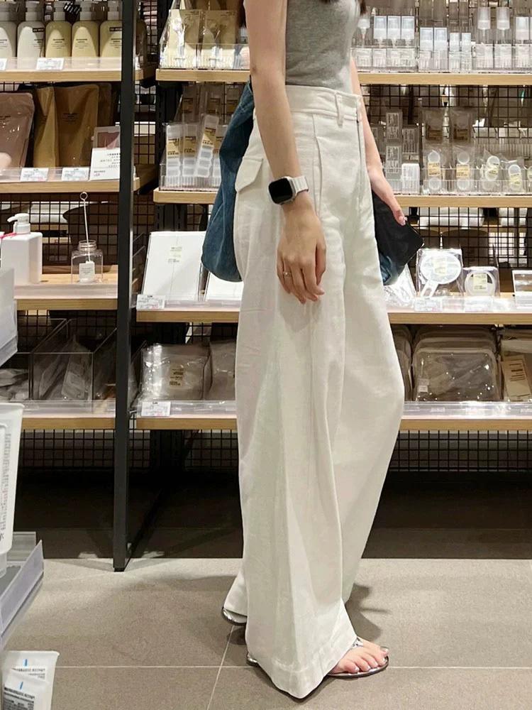 2026 Spring New Arrival: Petite Women s White Cotton Linen High-Waist Wide-Leg Slimming Pants L