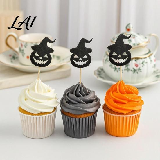 Burr-free Cake Topper 8 Pcs Halloween Cupcake Toppers Black Glitter Witch Hat Pumpkin Decoration Picks for Party Supplies Birthday