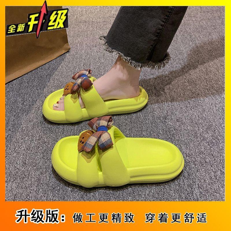 Cute bow one-word slippers for women 2025 new girl heart flat bottom stepping on shit feeling versatile home half slippers for women