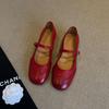 Retro Flat-soled Small Leather Shoes, Shallow Mouth Square Head Genuine Leather Mary Jane Shoes, One-word Buckle Red Small Single Shoes for Women