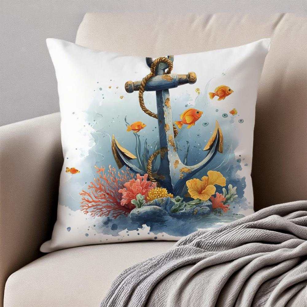MMarine Theme Rudder Anchor Pillow Nautical Cushion Cover Pillowcase Antidustmite Invisible Zipper Short Plush Sofa Cushion