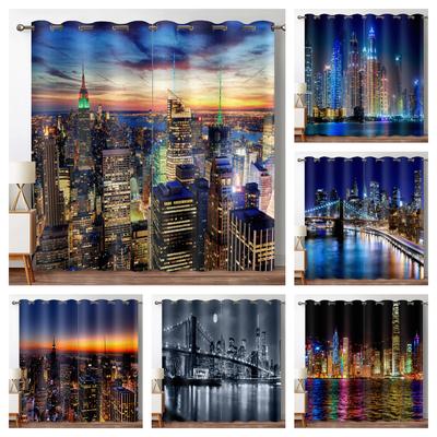 Rideau de ville de New York pour salon, rideaux de fenêtre de luxe avec gratte-ciel, pont et tours, vue du coucher du soleil, rideaux de fenêtre occultants