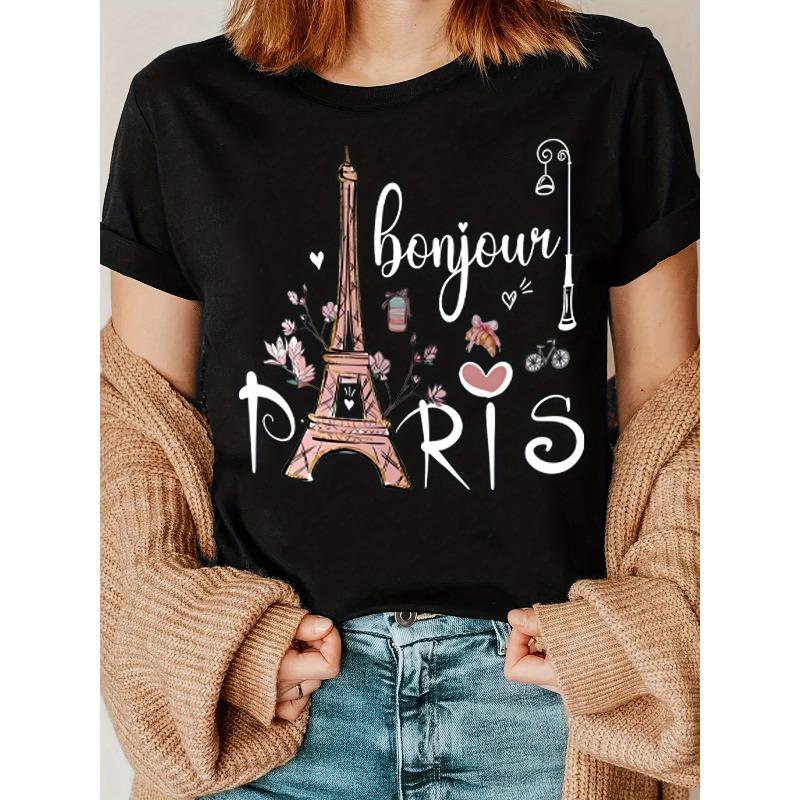 

Paris Greeting Pattern Women s T-Shirt - Black Casual Summer Style, featuring the Eiffel Tower and French landmarks design, stretch round-neck top S чёрный