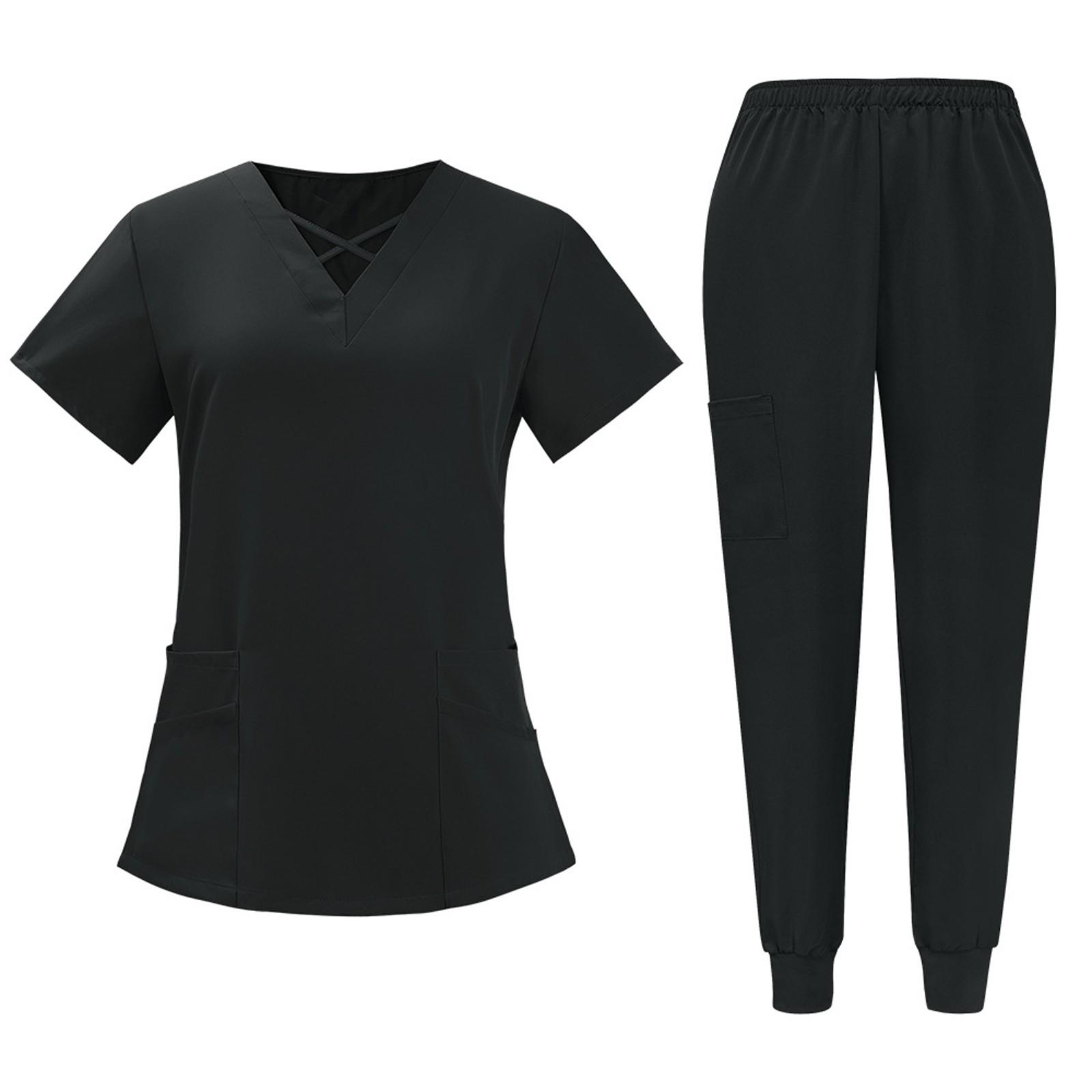 

Женский однотонный топ с короткими рукавами и V-образным вырезом, карманами, рабочая одежда, комплект из двух предметов L