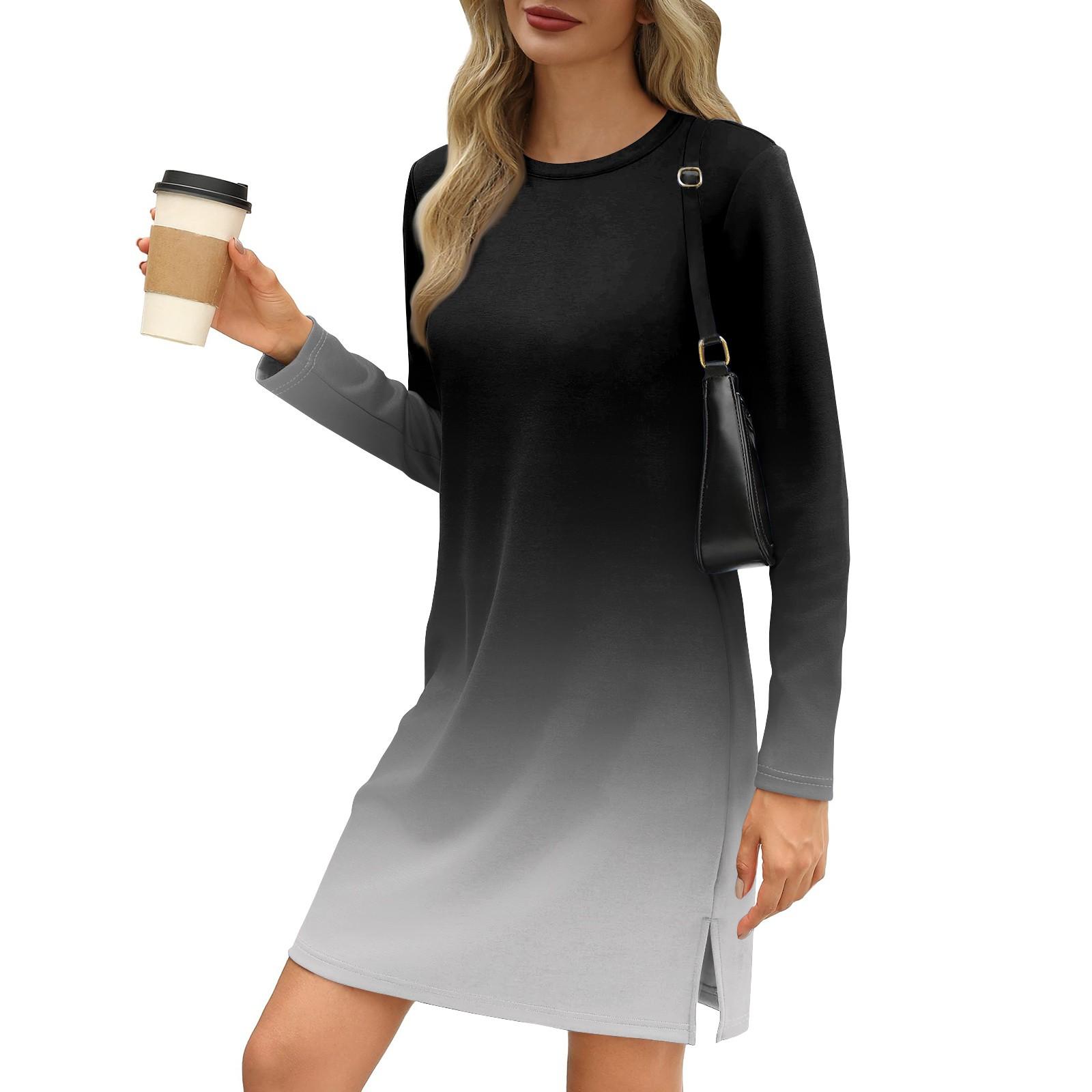 Женское модное повседневное платье с круглым вырезом и длинными рукавами и разрезом — фото 3