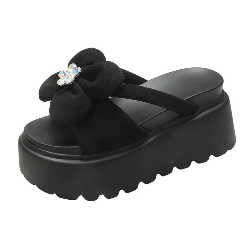 

Модные тапочки на платформе 8 см, сандалии, женские тапочки с бантом на толстой подошве, женские шлепанцы на толстой подошве, летние повседневные пляжные шлепанцы Zapatos Mujer 34 чёрный