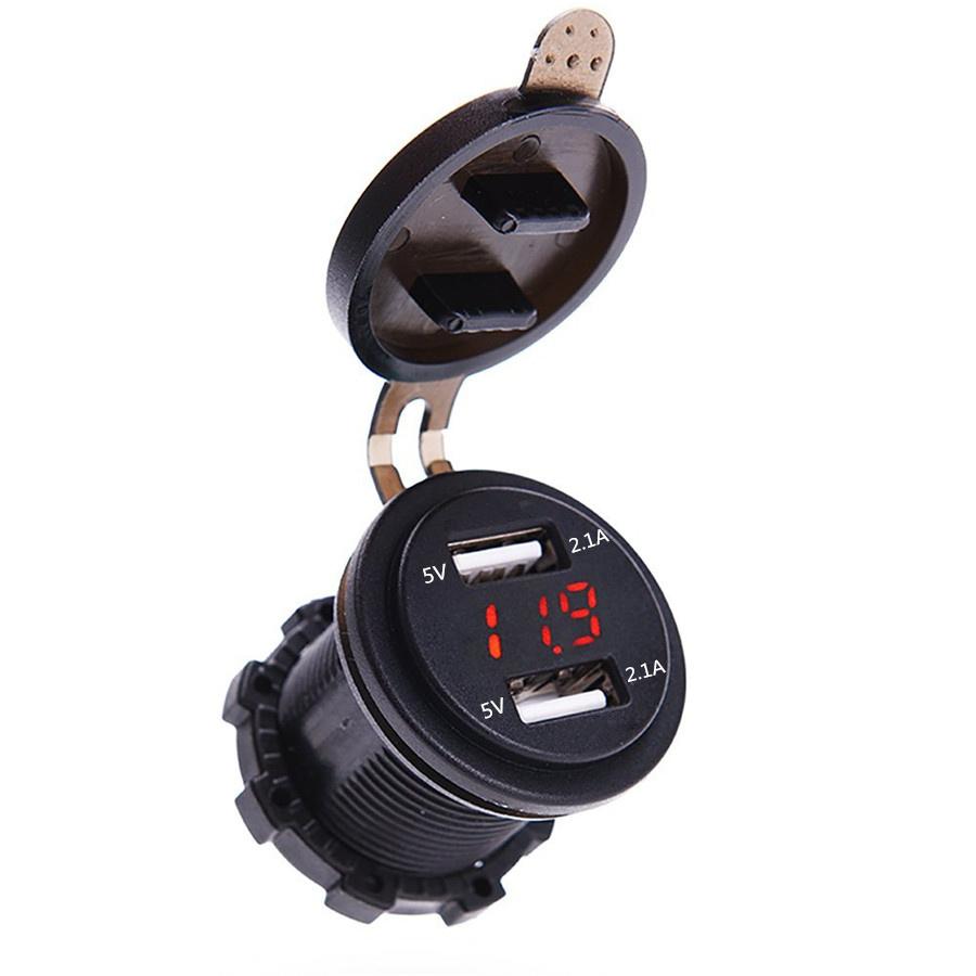 Waterproof Dual USB Charger Socket Waterproof Power Outlet 4.2A with Voltmeter & Wire In-line 10A Fuse for 12-24V Car Boat Marine Motorcycle