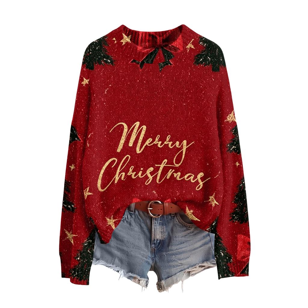 Women's Christmas Print Neck Long Sleeve Sweater Soft Casual Top for Fall Winter Holiday