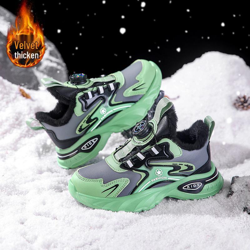 2025 Winter Boys' Leather Sports Shoes - Velvet Lined, Big Cotton, Student Running Shoes